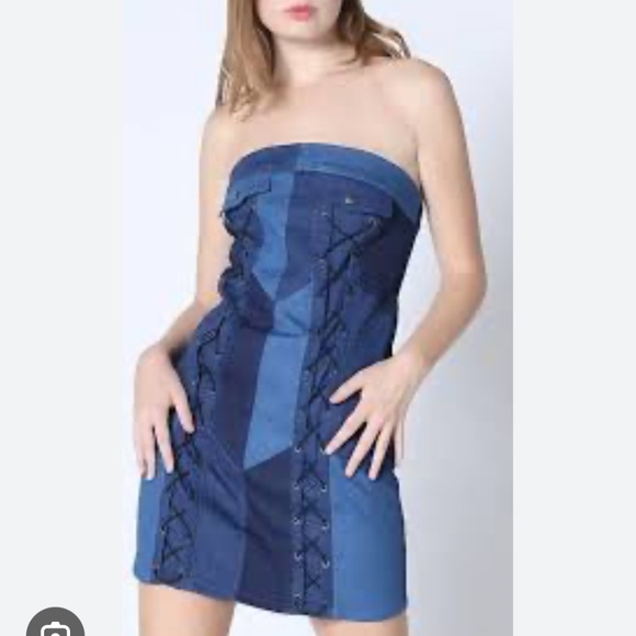Gracia Criss Cross String Mini Dress Women's M Denim Sleeveless Side Zip Closure - Picture 1 of 15
